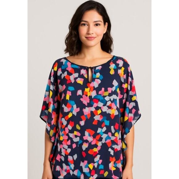 Trina Turk S Silk Caftan Blouse Blue Multi Anissa Pullover Tunic Batwing - Picture 1 of 10
